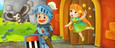 Çizgi film kralı şövalye ve peri kraliçesi kale girişinin yanında - çocuklar için resim