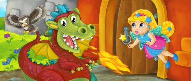 Çizgi film kraliçesi ve ejderhası kale girişinin yanında - çocuklar için resim