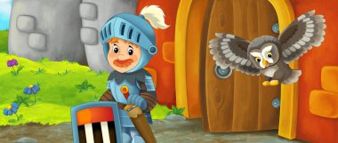 Kale girişinin yakınındaki çizgi film ejder şövalyesi - çocuklar için resim