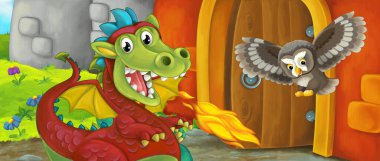 Kale girişinin yanındaki çizgi film ejderhası - çocuklar için resim