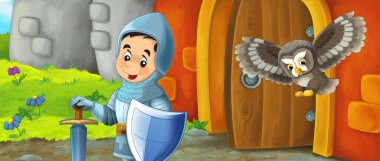 Kale girişinin yakınındaki çizgi film ejder şövalyesi - çocuklar için resim