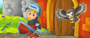 Kale girişinin yakınındaki çizgi film ejder şövalyesi - çocuklar için resim