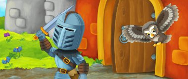 Kale girişinin yakınındaki çizgi film ejder şövalyesi - çocuklar için resim