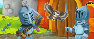 Kale girişinin yakınındaki çizgi film ejder şövalyesi - çocuklar için resim