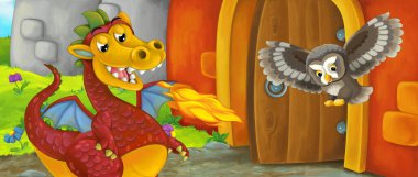 Kale girişinin yanındaki çizgi film ejderhası - çocuklar için resim