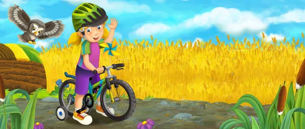 아이들을 자전거 삽화에 부엉이 소녀들이 날아다니는 — 스톡 사진