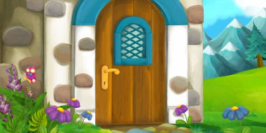 Çiftlikteki ahşap evde çocuklar için resimli karikatür sahnesi