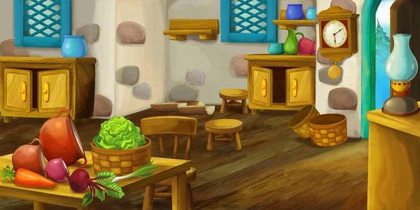 Escena Dibujos Animados Con Casa Madera Cocina Interior Granja Rancho — Foto de Stock