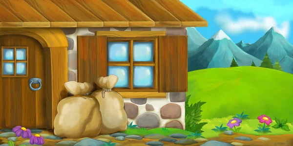 农场农场上带有木制房屋的卡通画儿童图片说明 — 图库照片