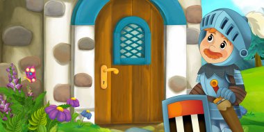 Çiftlikteki ahşap evde çocuklar için şövalye resimli karikatür sahnesi.