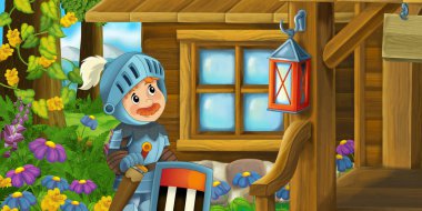 Çiftlikteki ahşap evde çocuklar için şövalye resimli karikatür sahnesi.