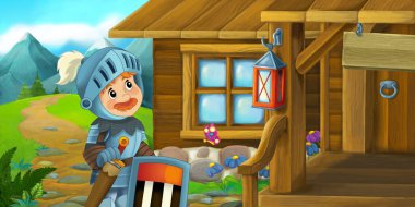 Çiftlikteki ahşap evde çocuklar için resimli karikatür sahnesi