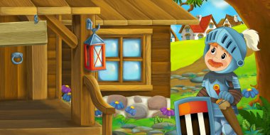 Çiftlikteki ahşap evde çocuklar için şövalye resimli karikatür sahnesi.