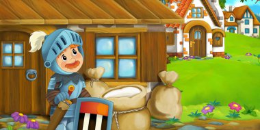 Çiftlikteki ahşap evde çocuklar için şövalye resimli karikatür sahnesi.