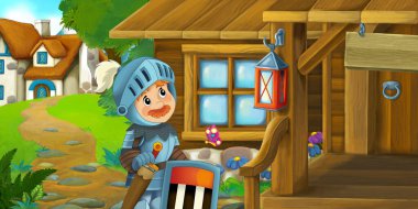 Çiftlikteki ahşap evde çocuklar için şövalye resimli karikatür sahnesi.