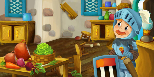 Cartoon Scene Wooden House Interior Kitchen Farm Ranch Knight Illustration Stock Image