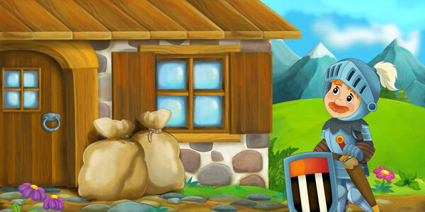 Cartoon Scene Wooden House Farm Ranch Knight Illustration Children Stock Photo