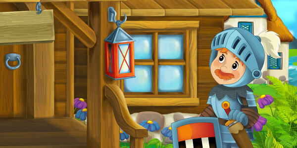 Cartoon Scene Wooden House Farm Ranch Knight Illustration Children Royalty Free Stock Photos
