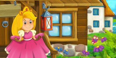 Çiftlikteki ahşap evde çocuklar için prenses çizimi olan bir çizgi film sahnesi.