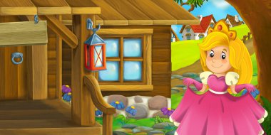 Çiftlikteki ahşap evde çocuklar için prenses çizimi olan bir çizgi film sahnesi.