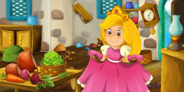 Çizgi film sahnesi, ahşap ev iç mutfağı, çiftlik çiftliğinde çocuklar için prenses çizimi.