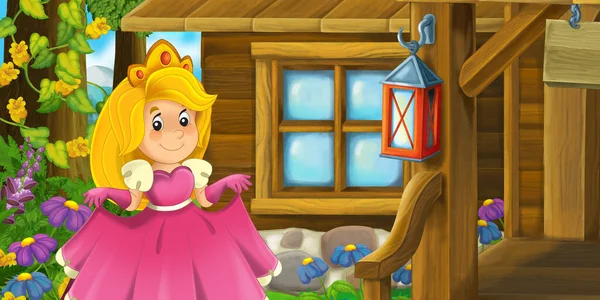 cartoon scene with wooden house on farm ranch with princess illustration for children