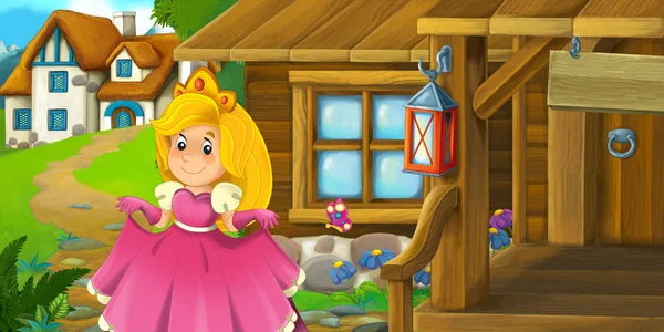 Tecknad Scen Med Trä Hus Gården Ranch Med Prinsessa Illustration — Stockfoto