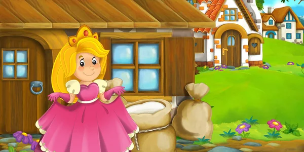 农场有木制房屋的卡通片 附有儿童公主的插图 — 图库照片