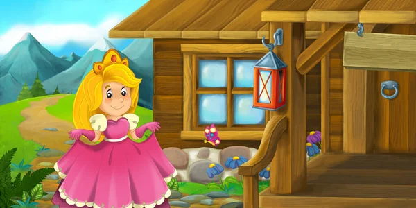 Zeichentrickszene Mit Holzhaus Auf Bauernhof Ranch Mit Prinzessin Illustration Für — Stockfoto