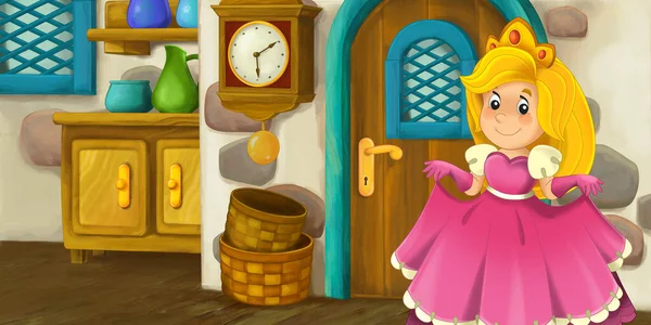 Kreslená Scéna Dřevěným Domem Interiér Kuchyně Farmě Ranč Princeznou Ilustrace — Stock fotografie