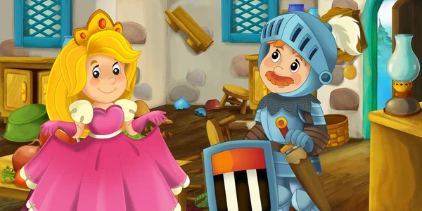 cartoon scene with wooden house interior kitchen on farm ranch with princess and prince with knight illustration for children