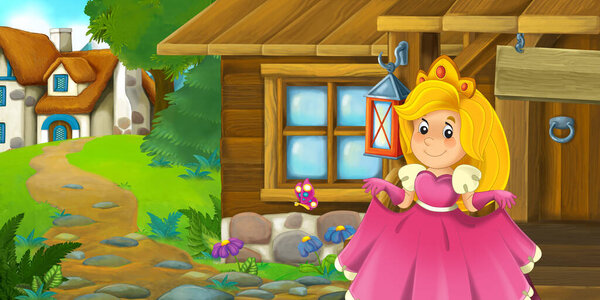 Cartoon Scene Wooden House Farm Ranch Princess Illustration Children Stock Image