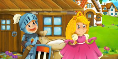 Çiftlikteki ahşap evde çocuklar için şövalye resimli karikatür sahnesi.