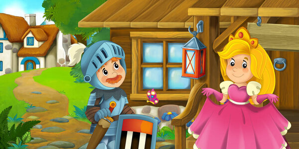 Cartoon Scene Wooden House Farm Ranch Knight Illustration Children Stock Picture