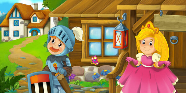 Cartoon Scene Wooden House Farm Ranch Knight Illustration Children Stock Picture