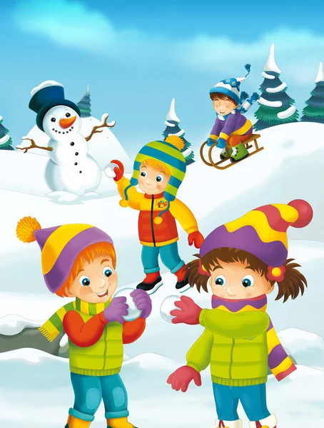 Cartone animato invernale con bambini — Foto Stock