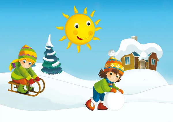 Desenhos animados de inverno com crianças — Fotografia de Stock