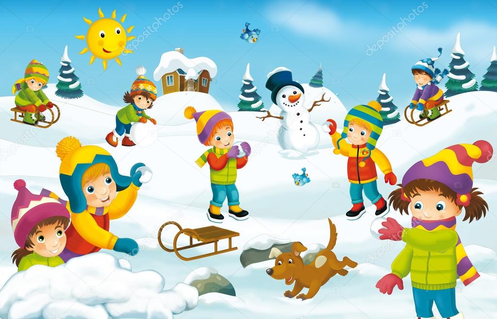 Winter cartoon with children Stock Photo by ©agaes8080 53531635