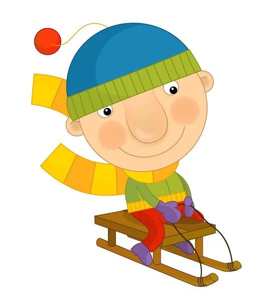 Cartoon winter  boy sleigh — Stock Photo, Image