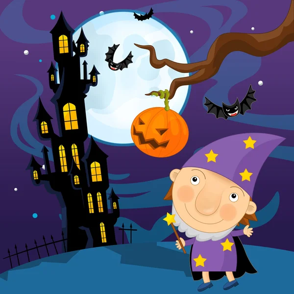 Mago di Halloween di fronte al castello — Foto Stock