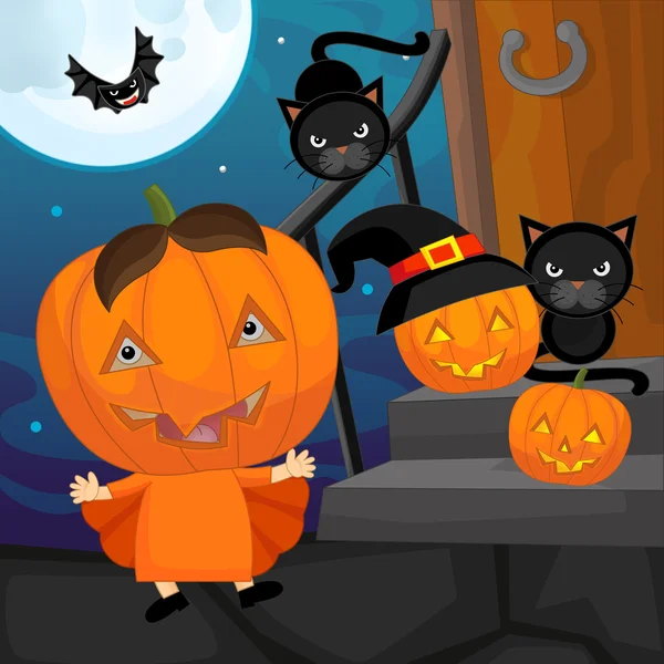 Halloween barn med katter och pumpor — Stockfoto