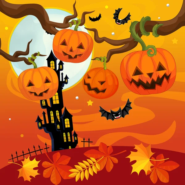 Halloween pumpkins hanging on tree — Stock Photo, Image