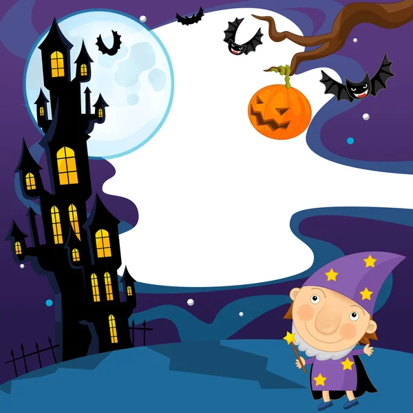 Halloween wizard in front of castle — Stock Photo, Image