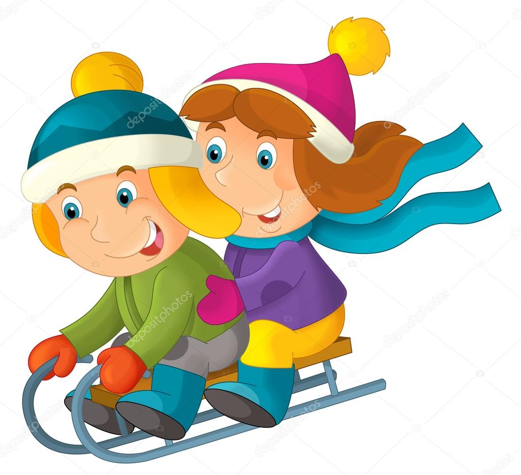 Cartoon boy and girl  sliding