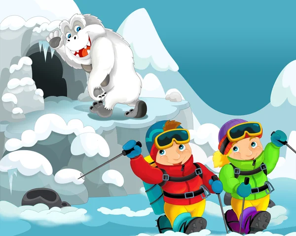 Cartoon alpinists with Bigfoot — Stock Photo, Image