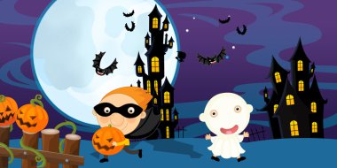 Çizgi film halloween sahne - hayalet ve vampir