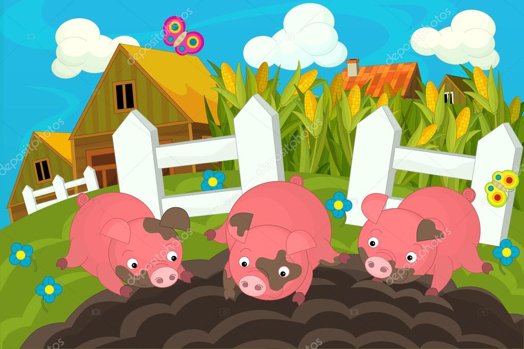 Cartoon farm scene with pigs