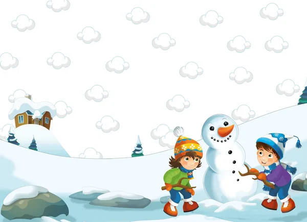 Cartoon happy winter scene - boy and girl making a snowman — Stock Photo, Image