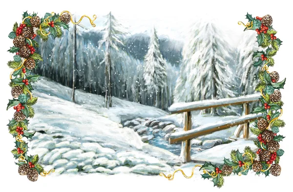 Kerstmis winter gelukkig scène met frame — Stockfoto