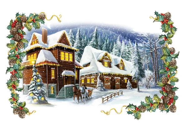 Christmas winter happy scene with frame — Stock Photo, Image